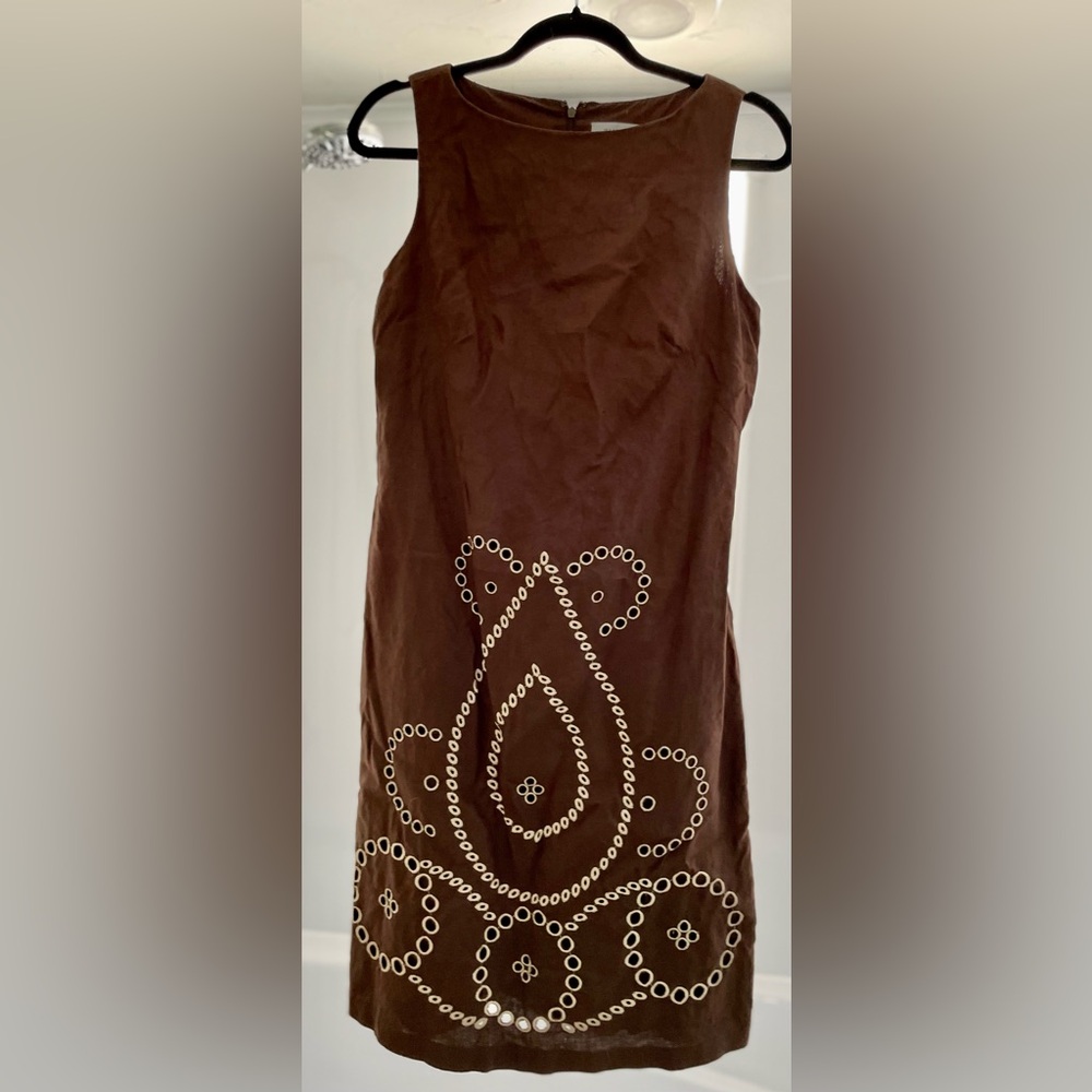 SAAC MIZRAH Brown Eyelet Linen Knee length Dress Size 10 - Picture 13 of 16